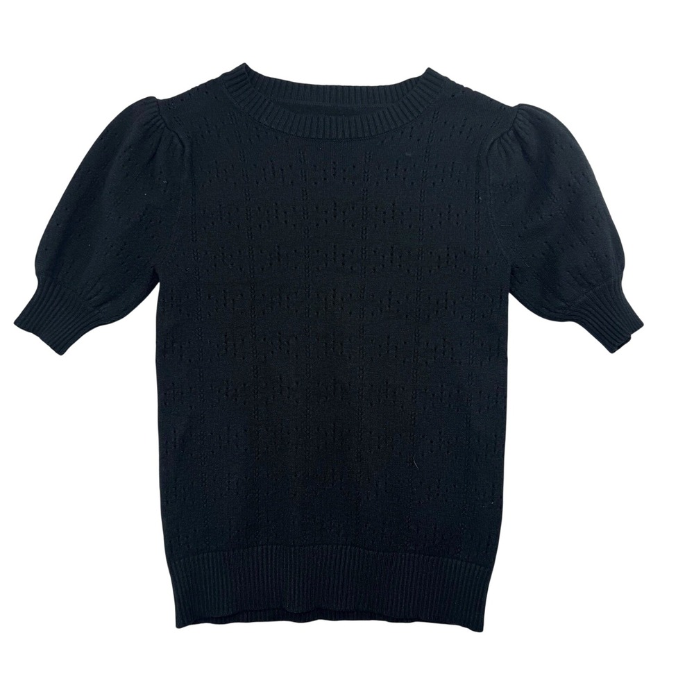 Womens Black Puff Short Sleeve Pointelle Knit Crew Neck Sweater Minimalist Small